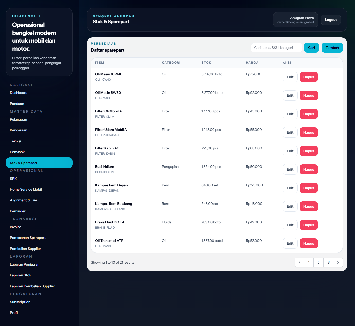 Halaman stok sparepart software bengkel untuk memantau item, harga beli, dan ketersediaan barang