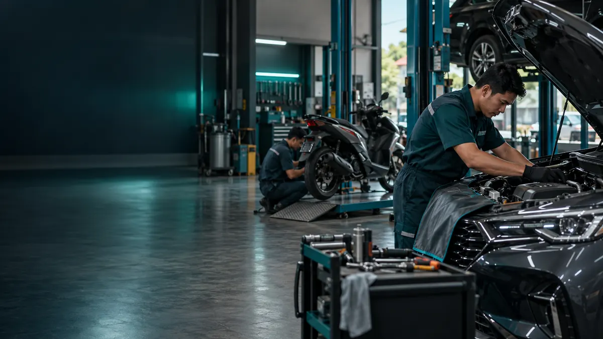 Teknisi mengerjakan mobil dan motor di bengkel